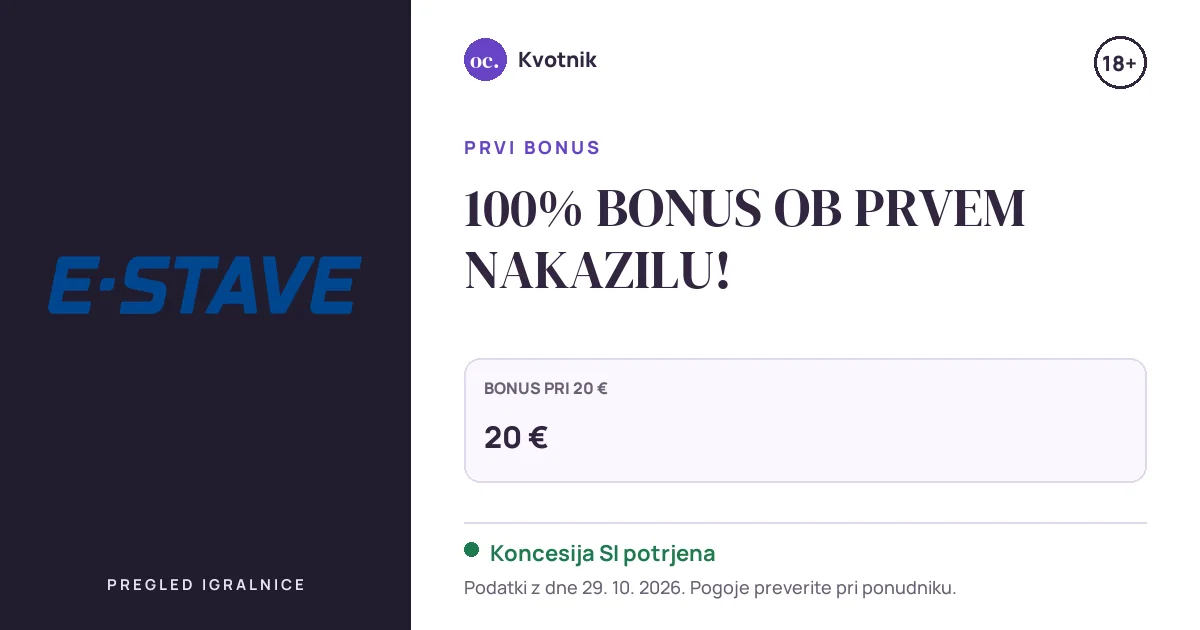 Bonus Športna loterija (e-stave): 100% BONUS OB PRVEM NAKAZILU!